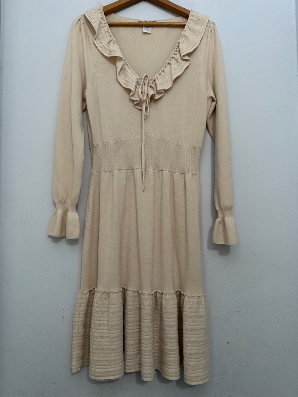 Nanette Lepore Cream Ruffle-Trim Long Sleeve Midi Dress Feminine Cottagecore